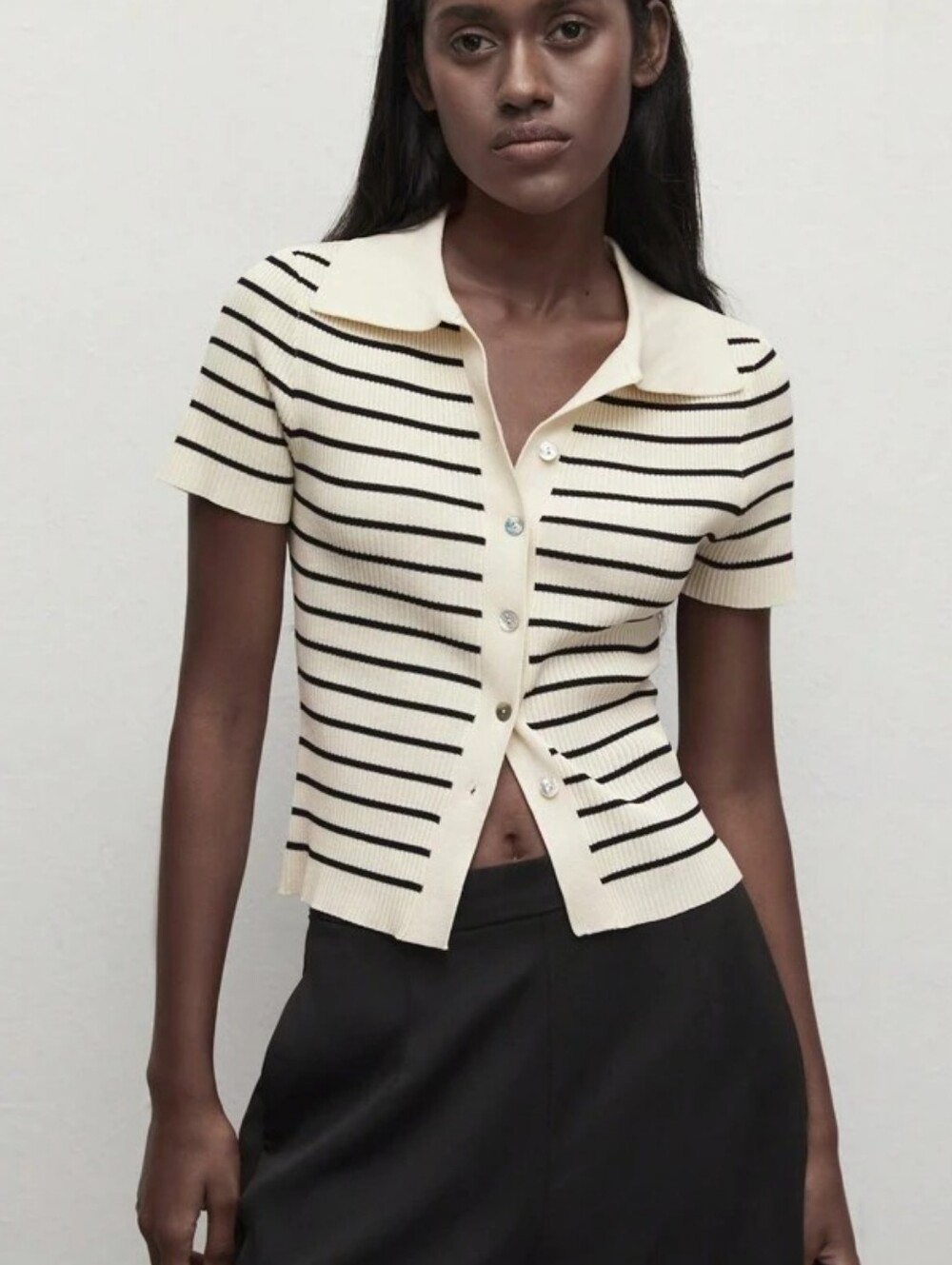 H&M Striped Short-Sleeve Knit Polo Top in Cream and Black
